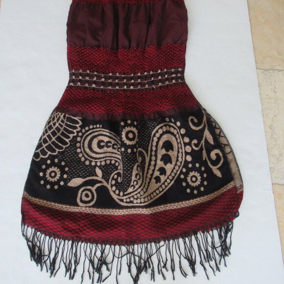 CHICO'S WOOL TYPE LARGE SHAWL WRAP SCARF  w/  Fringes 74" X 17" Burgundy, Black - Picture 5 of 9